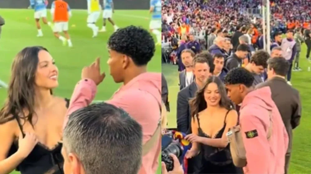 El saludo de Lamine Yamal a Olivia Rodrigo antes del Barça-Madrid